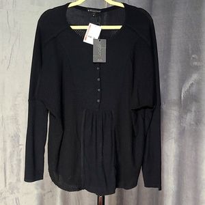 Gibson Mixed Rib Waffle Knit Henley In Black Size XL